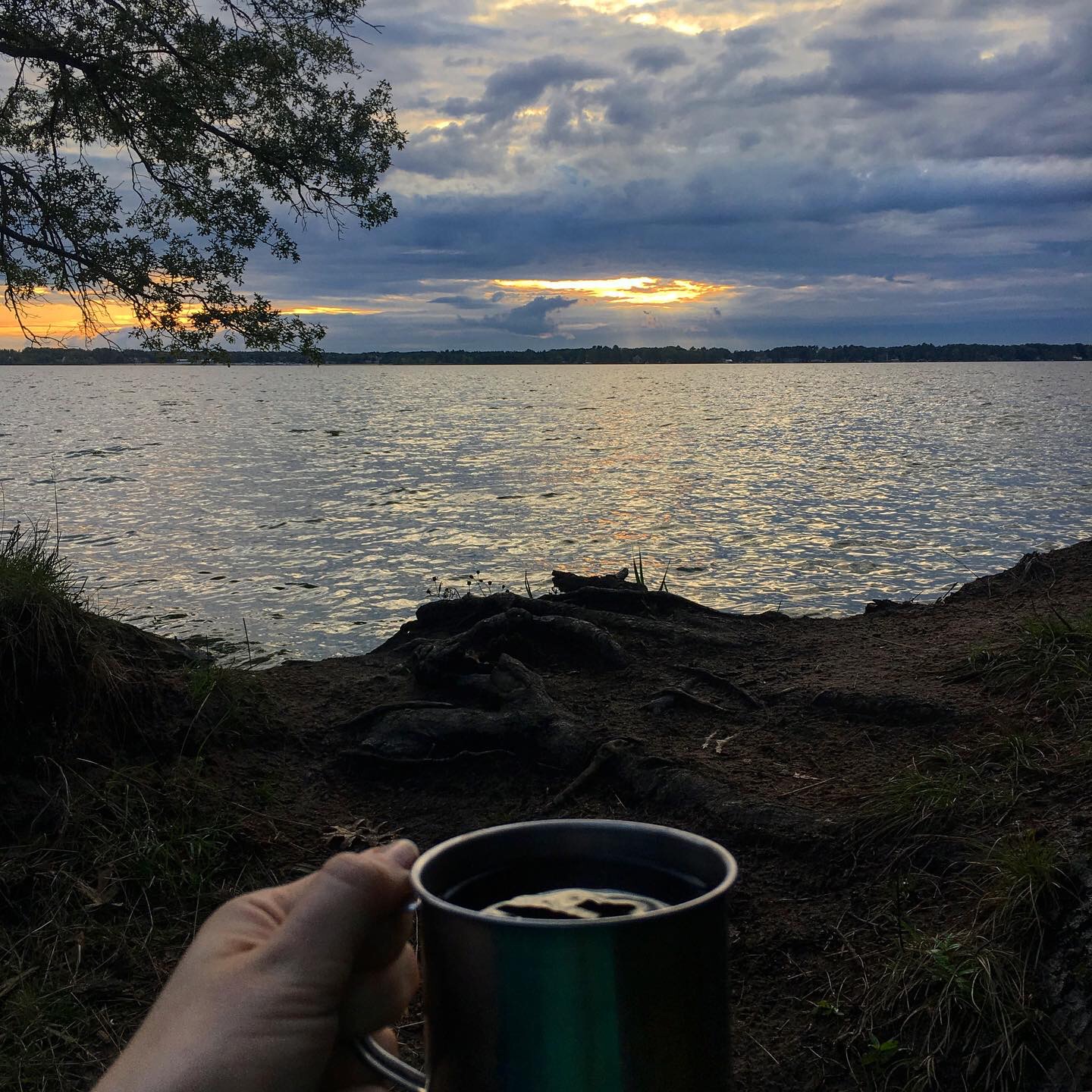 A cup of cocoa held in front of a scenic image of the river. 